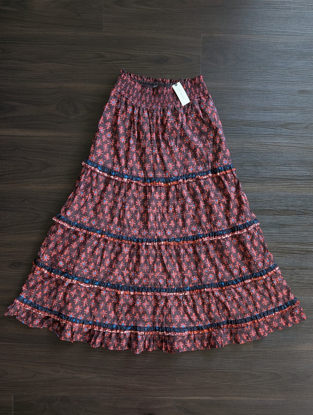 NWT Anthropologie Genevieve Cotton Patterned Tiered Maxi Skirt Small Boho Fall